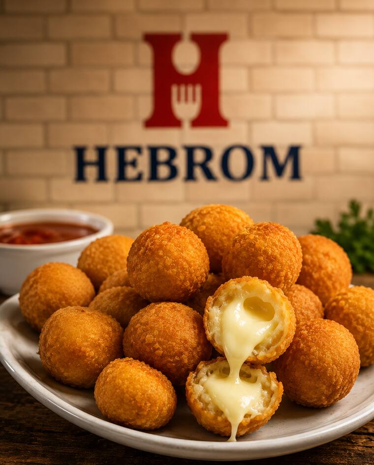 Salgados Hebrom recheados de queijo com a marca Hebrom ao fundo
